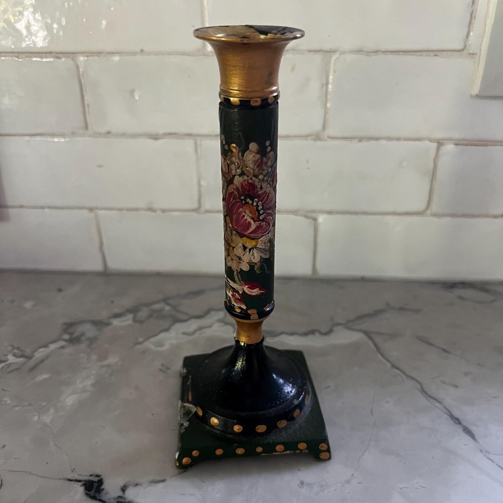 Single handpainted brass candlestick in Italian style